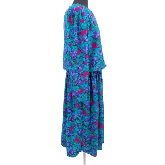 VTG 80s It's a Rich Miss Blue Pink Purple Floral Long Sleeve Blouson Dress L USA - Picture 5 of 12
